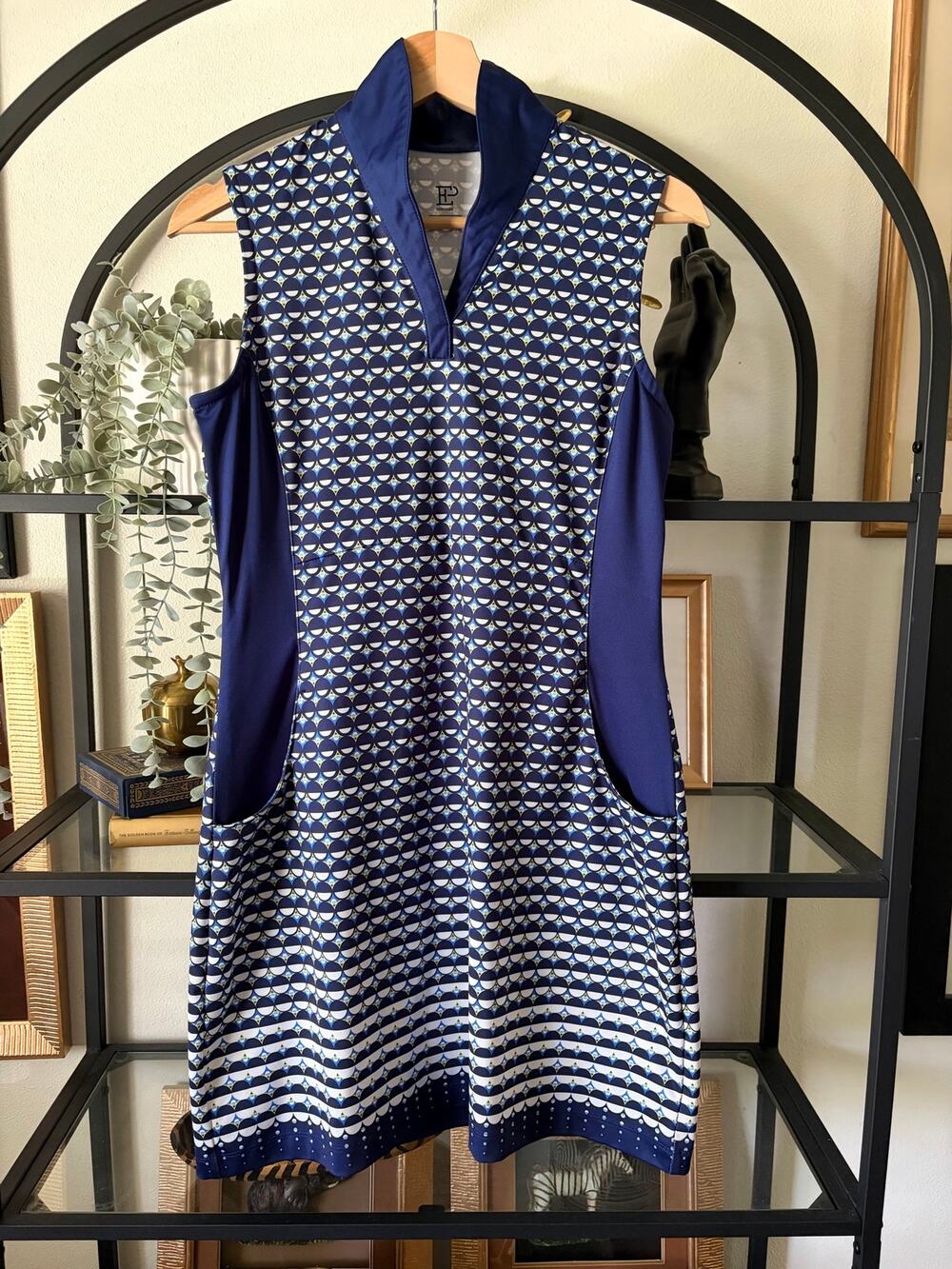 EP New York Women’s Golf Dress Small Blue Geometric Sleeveless Stretch Pockets